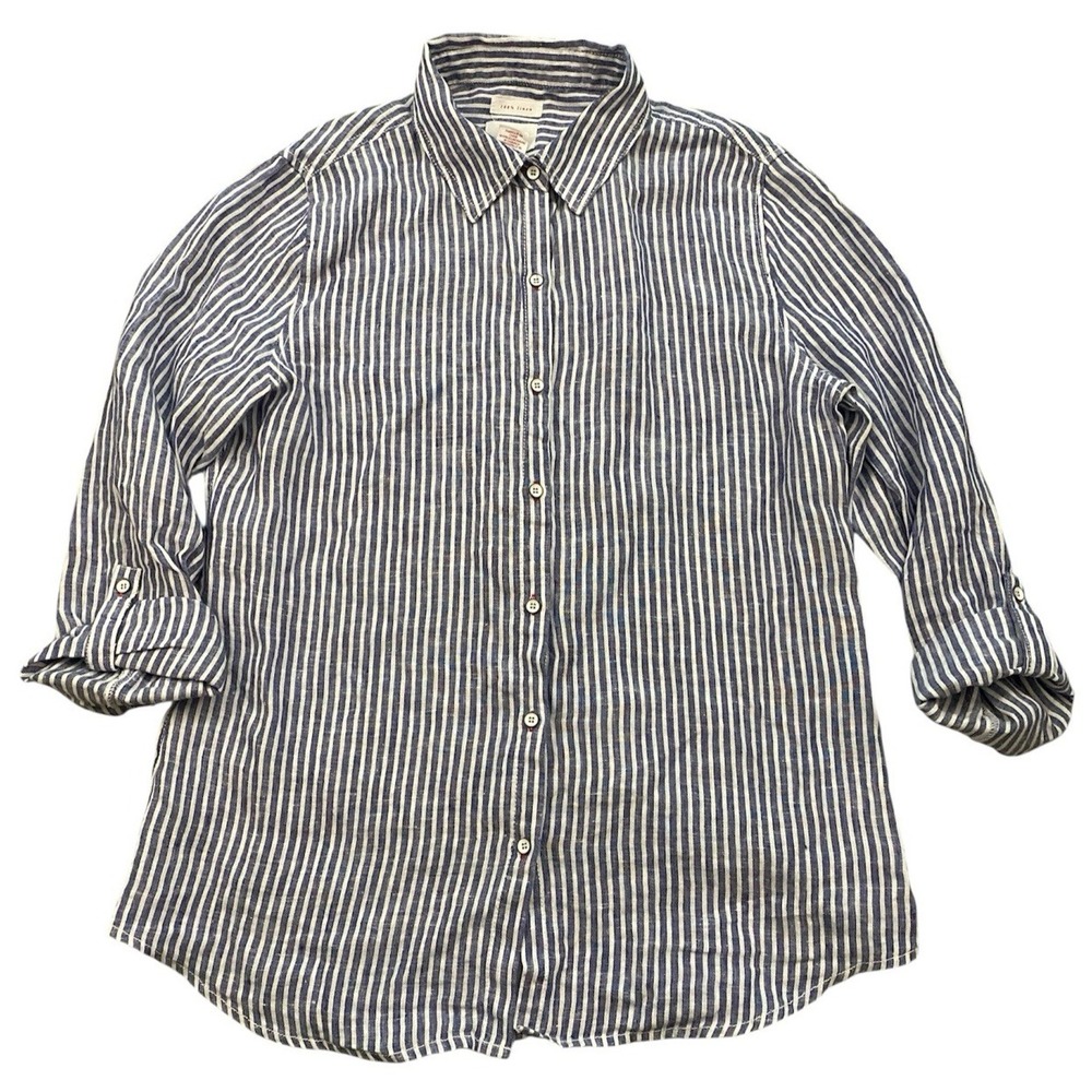Sigrid Olsen Size Small 100% Linen Blue White Striped Shirt Roll Tab Sleeve